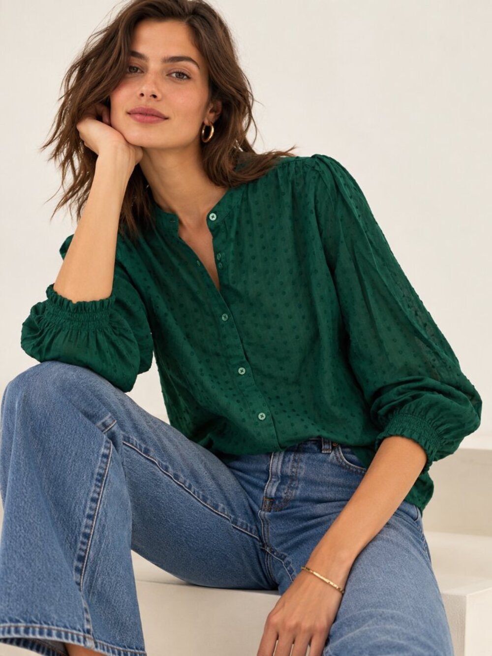 J.Crew Forest Green Swiss Dot Cotton Button Blouse M